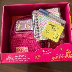 NWT Our Generation School Smarts Pink Glitter Doll Book bag Spanish Library Card